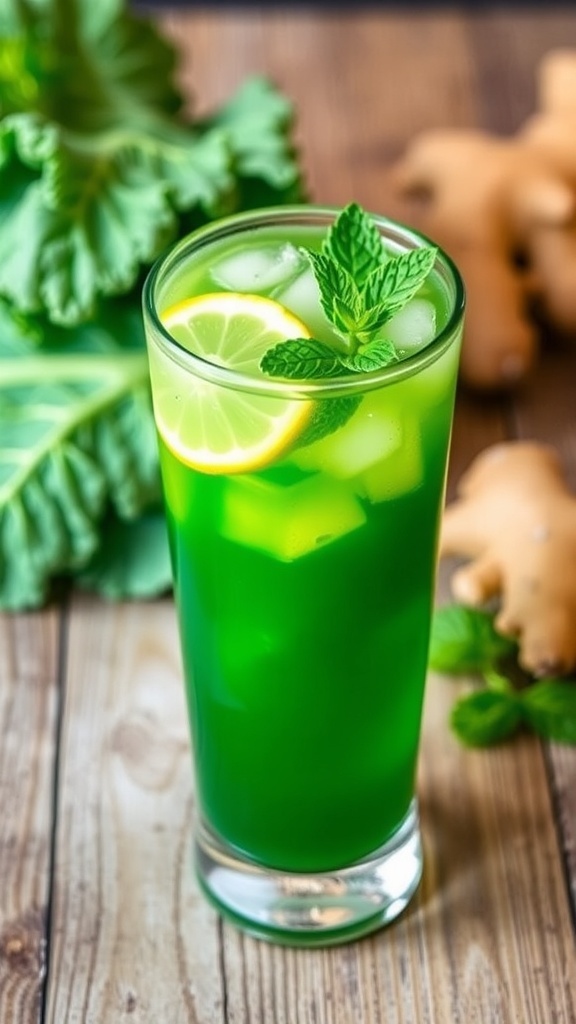 A refreshing glass of kale tonic with lemon and ginger, garnished with lemon slice and mint on a wooden table.